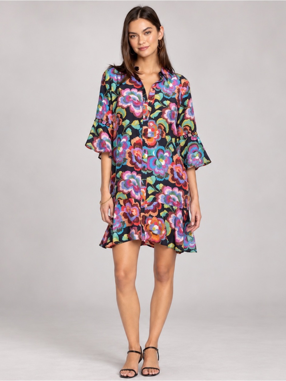 Johnny Was Workshop Calanthe 100% Silk Floral Tiered Flounce Shirt Dress XL